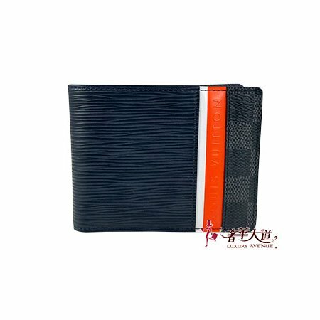 ＊奢華大道國際精品＊【L3322】LV黑色EPI牛皮拚黑棋盤 Multiple 對開短夾 M69539