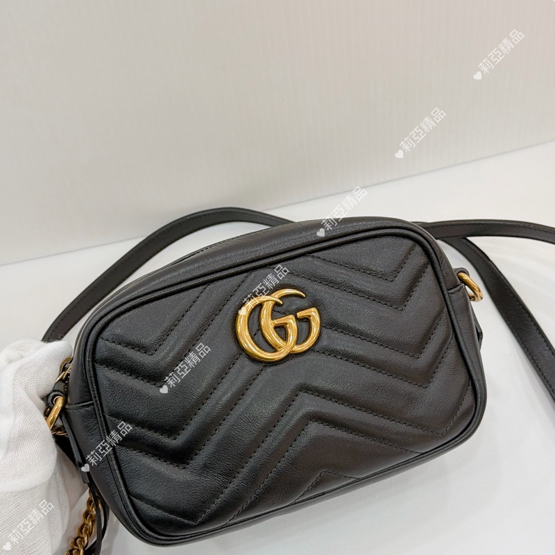 莉亞精品♡Gucci 黑金相機包 18cm 二手美包-2