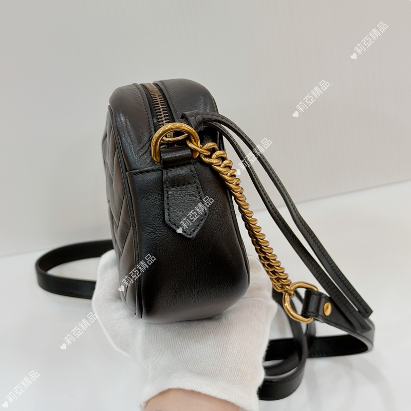 莉亞精品♡Gucci 黑金相機包 18cm 二手美包-7