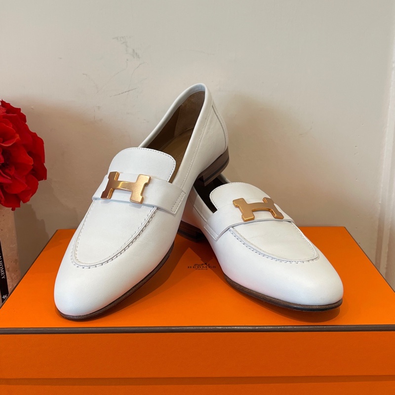閒置新未使用 HERMES愛馬仕 Paris 皮革金屬飾扣樂福鞋 白色 36-0