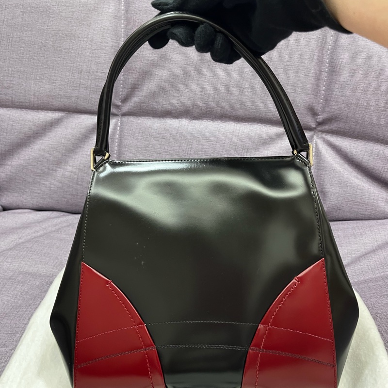Prada 黑色與紅色拼接的皮革手提包-2
