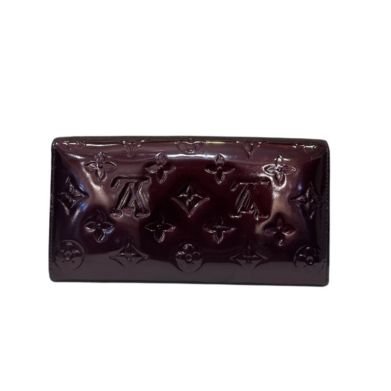 LV壓紋暗紫色漆亮皮長夾-1