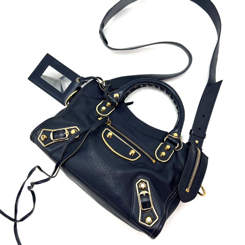 BALENCIAGA藍金mini斜背機車包23*16*6 98新配件塵袋鏡子-2