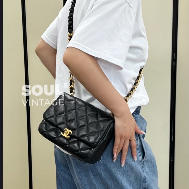 熱門火爆款❤️‍🔥99新😍Chanel香奈兒22s黑金鴛鴦鏈方胖子單肩斜挎包-0