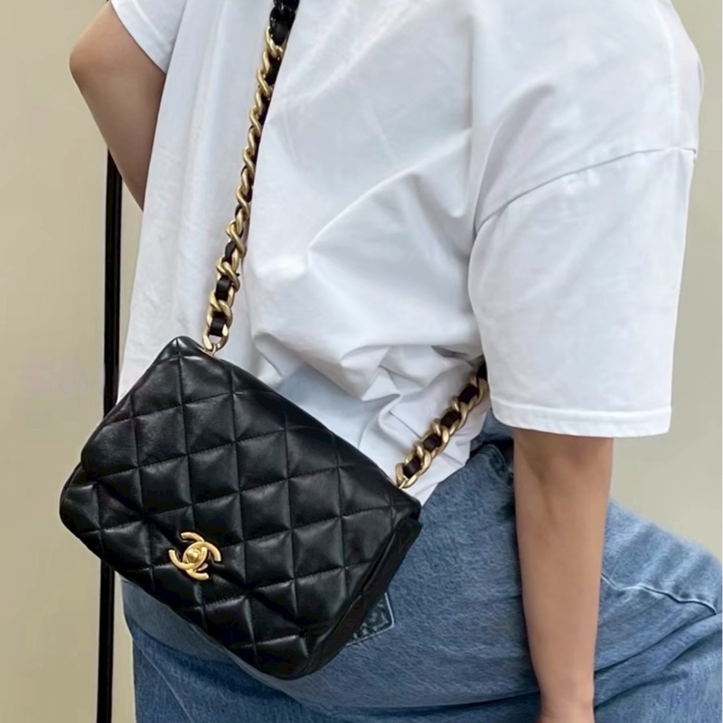熱門火爆款❤️‍🔥99新😍Chanel香奈兒22s黑金鴛鴦鏈方胖子單肩斜挎包-2