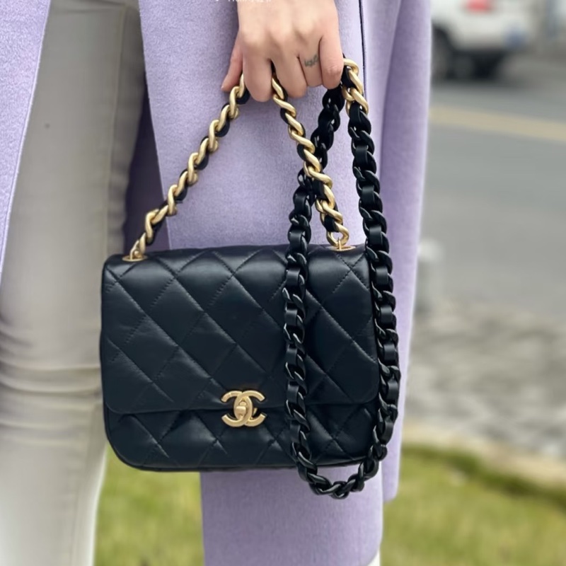熱門火爆款❤️‍🔥99新😍Chanel香奈兒22s黑金鴛鴦鏈方胖子單肩斜挎包-3