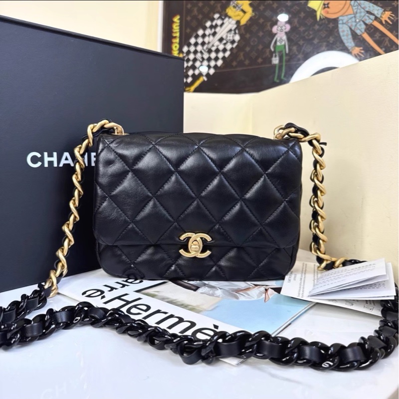 熱門火爆款❤️‍🔥99新😍Chanel香奈兒22s黑金鴛鴦鏈方胖子單肩斜挎包-4