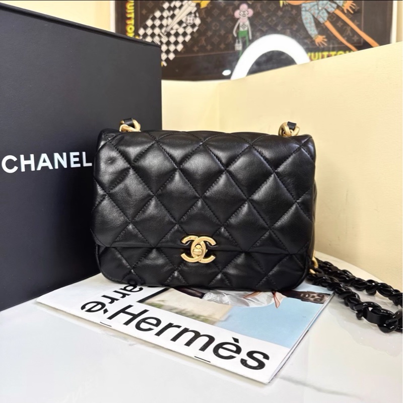 熱門火爆款❤️‍🔥99新😍Chanel香奈兒22s黑金鴛鴦鏈方胖子單肩斜挎包-5