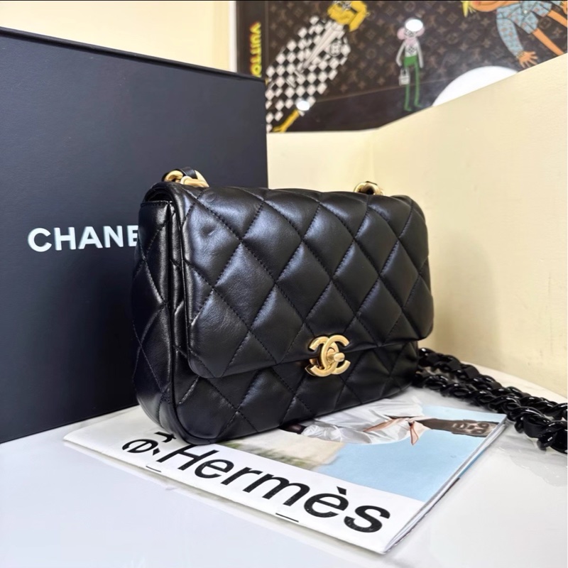 熱門火爆款❤️‍🔥99新😍Chanel香奈兒22s黑金鴛鴦鏈方胖子單肩斜挎包-6