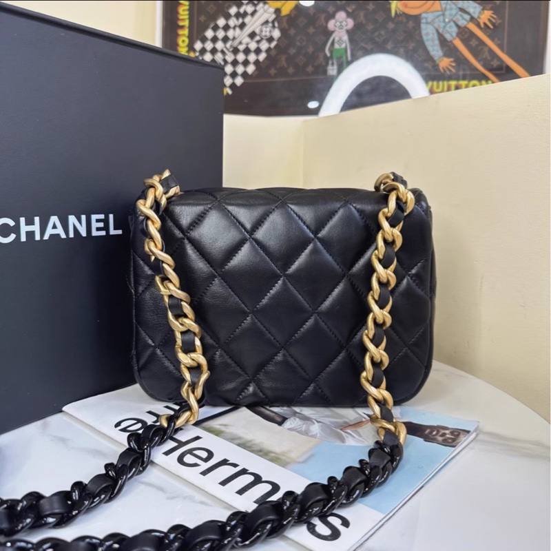 熱門火爆款❤️‍🔥99新😍Chanel香奈兒22s黑金鴛鴦鏈方胖子單肩斜挎包-7