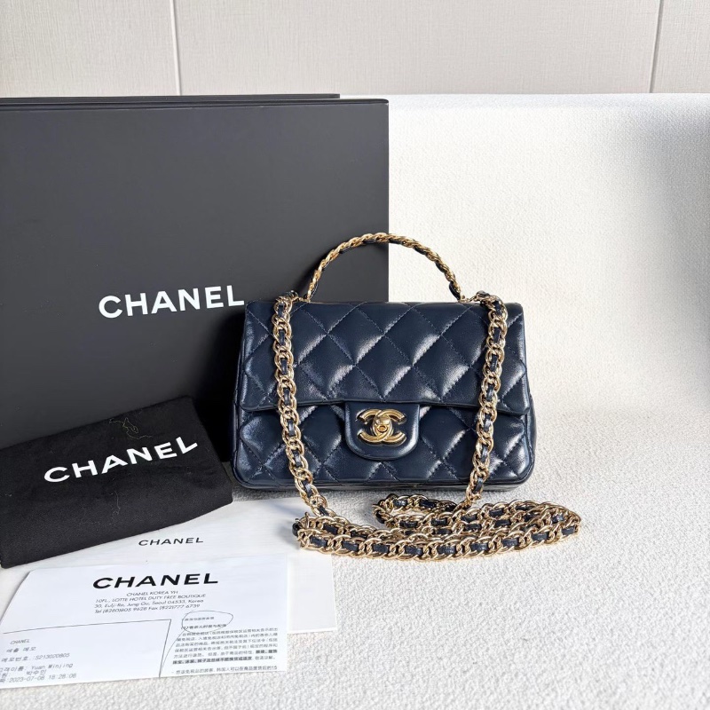 Chanel cf大mini肩背斜背包 芯片款 深藍 金扣 油蠟皮20*13*6 99新配件塵袋購證-0
