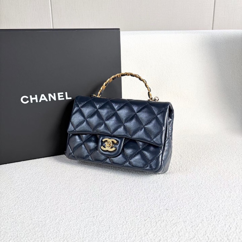 Chanel cf大mini肩背斜背包 芯片款 深藍 金扣 油蠟皮20*13*6 99新配件塵袋購證-3