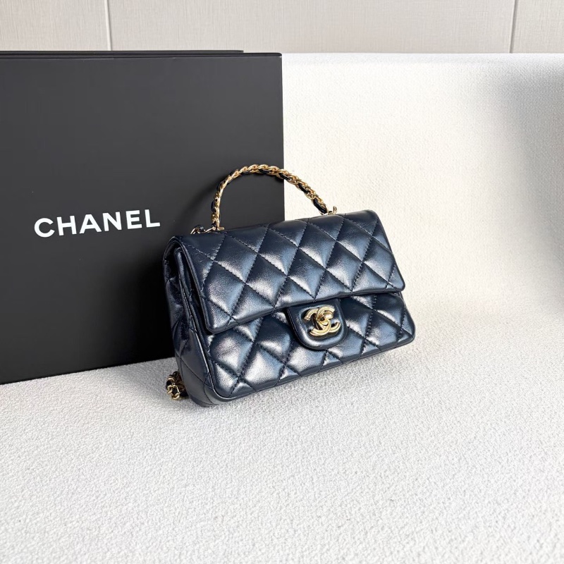 Chanel cf大mini肩背斜背包 芯片款 深藍 金扣 油蠟皮20*13*6 99新配件塵袋購證-5