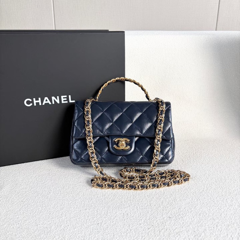 Chanel cf大mini肩背斜背包 芯片款 深藍 金扣 油蠟皮20*13*6 99新配件塵袋購證-7