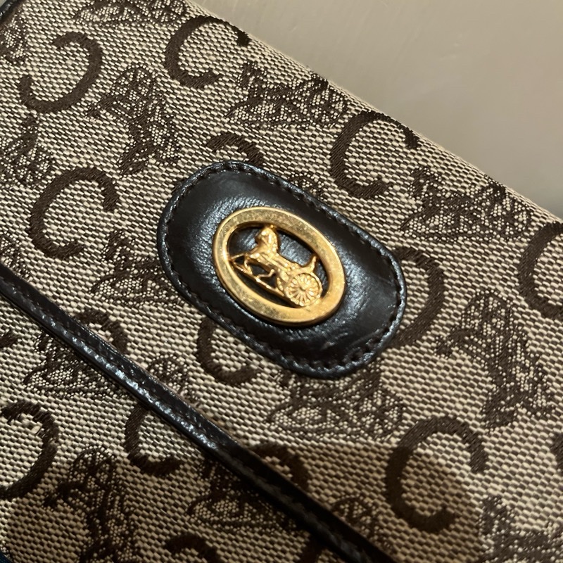 Celine稀有老花馬車 棕色 咖老花 布面 復古 中夾 vintage-4