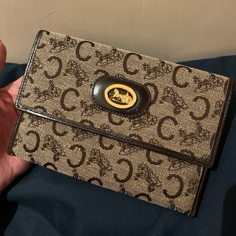 Celine稀有老花馬車 棕色 咖老花 布面 復古 中夾 vintage-5