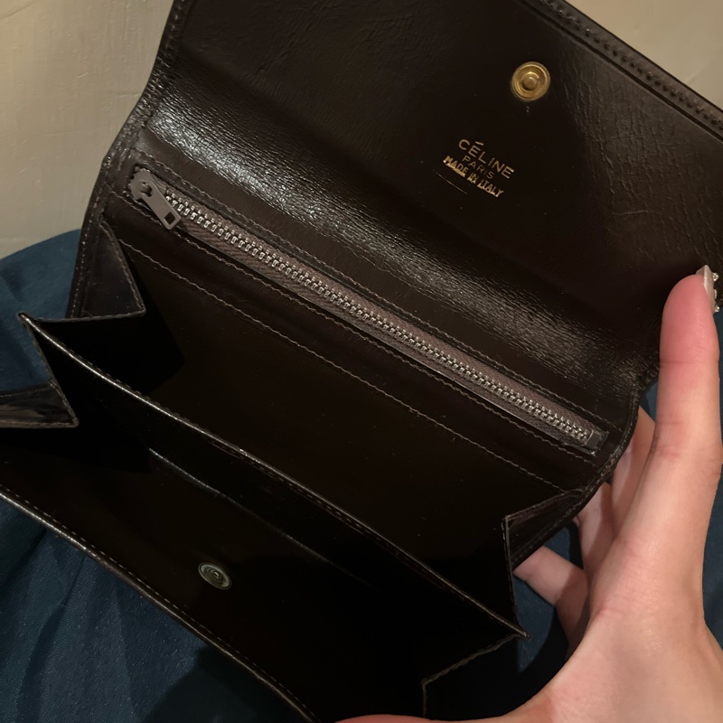 Celine稀有老花馬車 棕色 咖老花 布面 復古 中夾 vintage-9