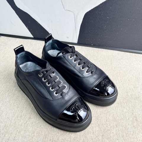 99新 Chanel香奈兒厚底樂福鞋 36.5碼 黑色 漆皮拼牛皮 厚底約4cm 百搭