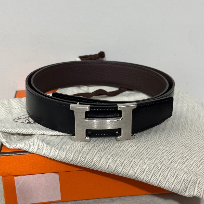 Hermes 銀扣黑色咖色兩用皮帶Y刻-0