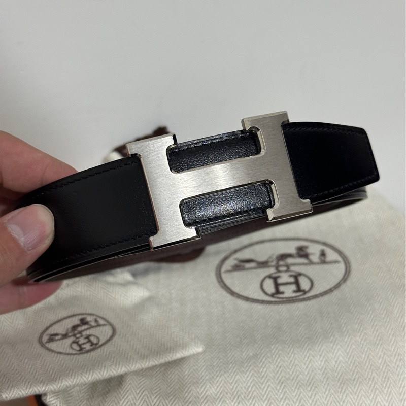 Hermes 銀扣黑色咖色兩用皮帶Y刻-1