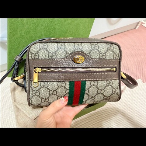 【GUCCI 古馳】 經典ophidia系列GG supreme牛皮拉鍊迷你肩背/斜背包
