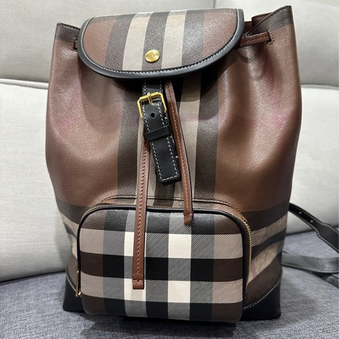 Burberry 經典格紋帆布拼皮革翻蓋束口後背包