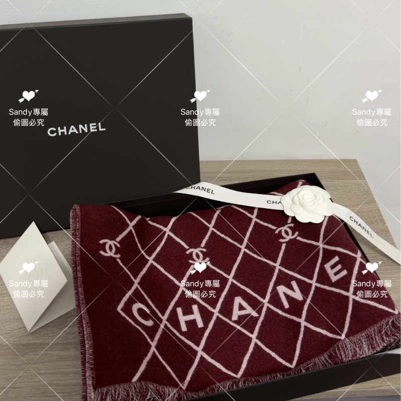 附盒子❤️Chanel 26p 爆款經典菱格圍巾🧣 全新全配 酒紅色-0