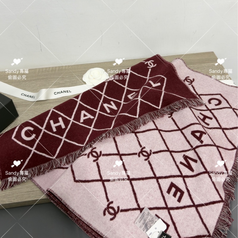 附盒子❤️Chanel 26p 爆款經典菱格圍巾🧣 全新全配 酒紅色-2