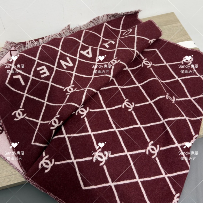 附盒子❤️Chanel 26p 爆款經典菱格圍巾🧣 全新全配 酒紅色-3