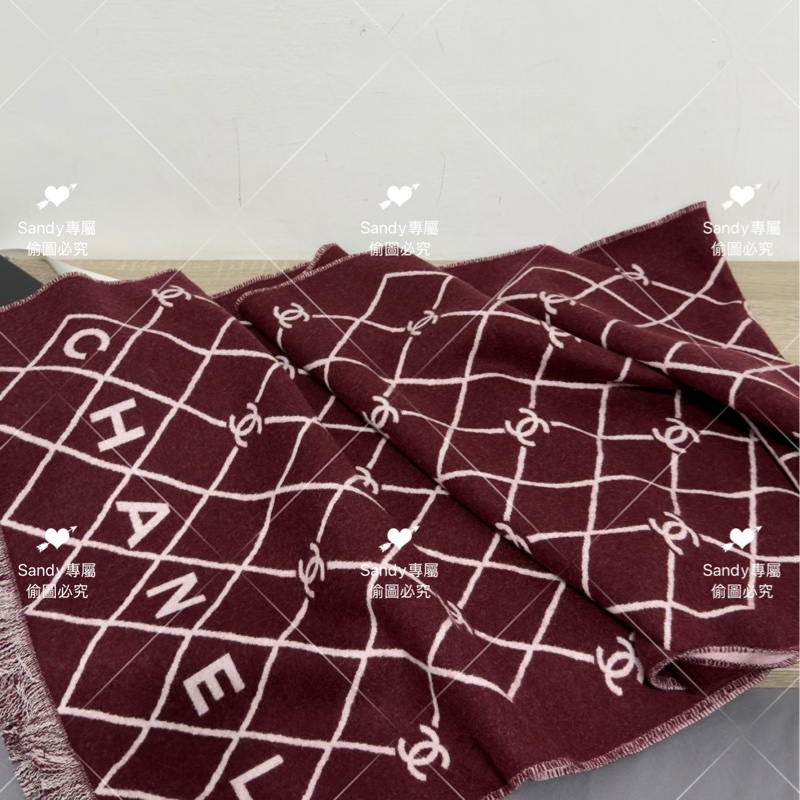 附盒子❤️Chanel 26p 爆款經典菱格圍巾🧣 全新全配 酒紅色-6
