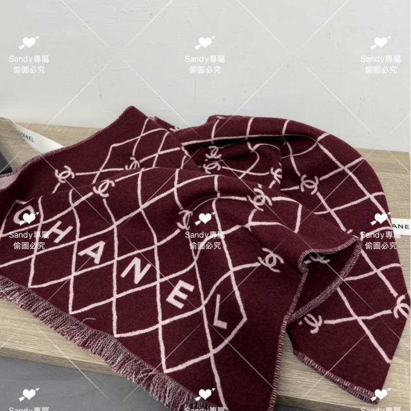 附盒子❤️Chanel 26p 爆款經典菱格圍巾🧣 全新全配 酒紅色-13