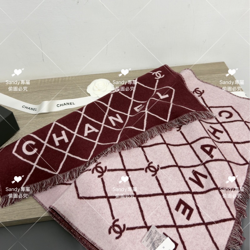 附盒子❤️Chanel 26p 爆款經典菱格圍巾🧣 全新全配 酒紅色-18