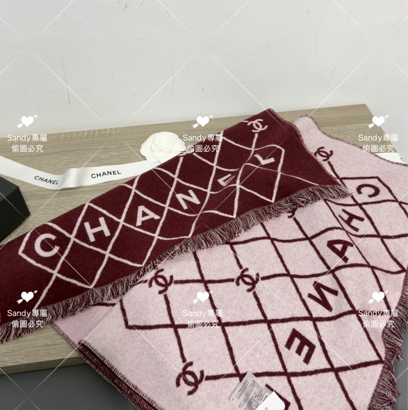 附盒子❤️Chanel 26p 爆款經典菱格圍巾🧣 全新全配 酒紅色-24