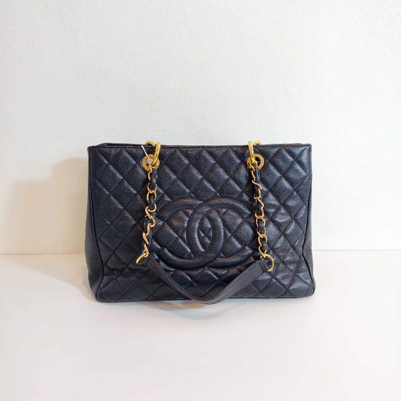 Chanel 香奈兒 gst 黑色荔枝牛皮菱格紋手提單肩包 金色五金 16開無卡 2012年 98新 AB級-0