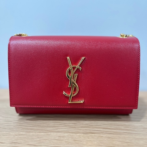 YSL 荔面牛皮掀蓋/紅金 兩用包