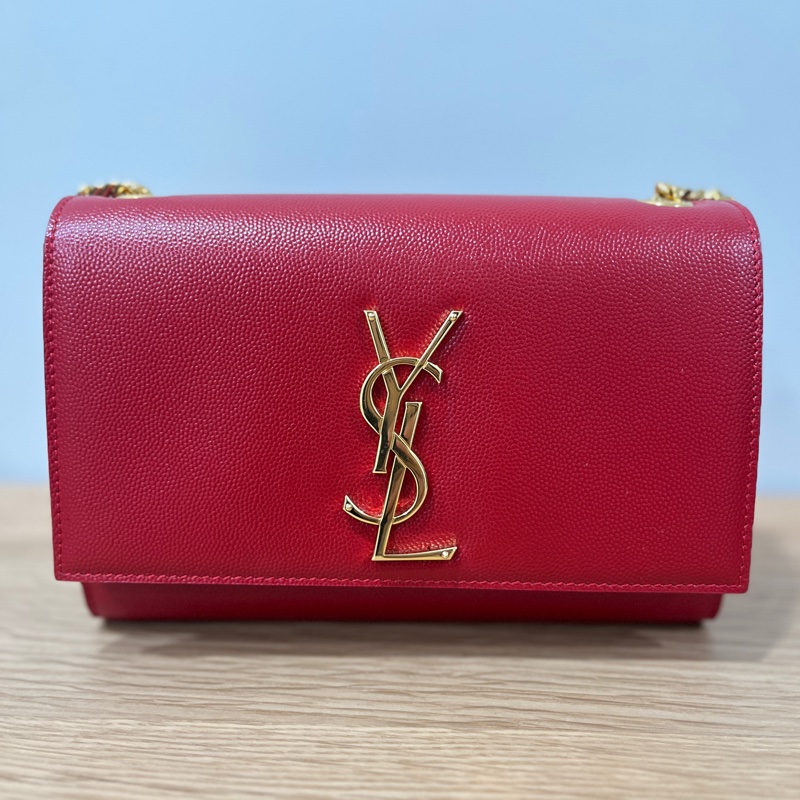 YSL 荔面牛皮掀蓋/紅金 兩用包-0