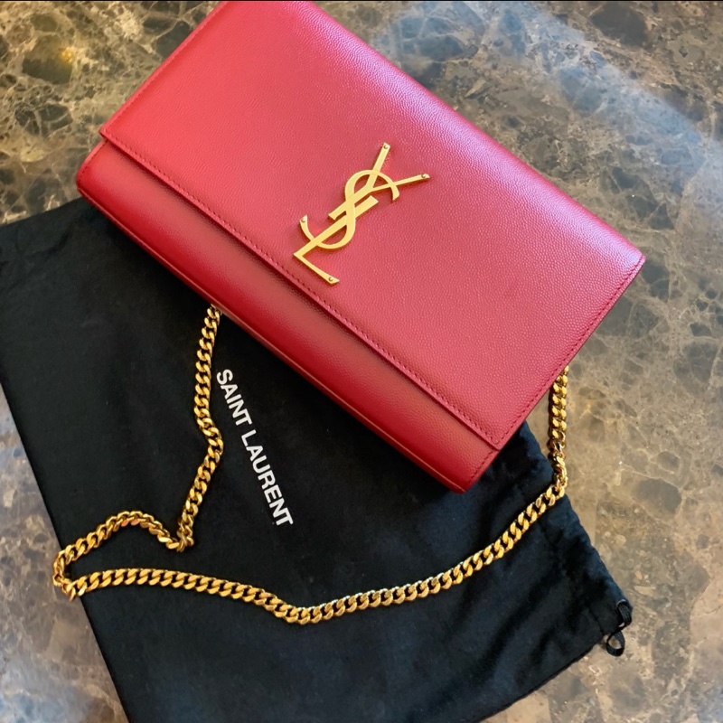 YSL 荔面牛皮掀蓋/紅金 兩用包-0