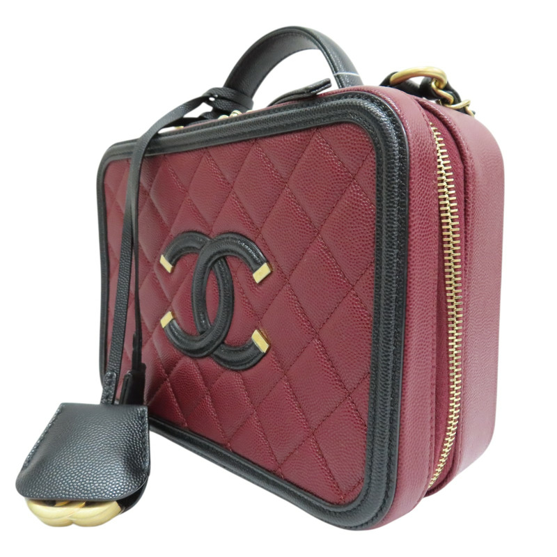 酒紅色 菱格紋 荔枝紋 肩背包 金釦【CHANEL 香奈兒】 A93343-2