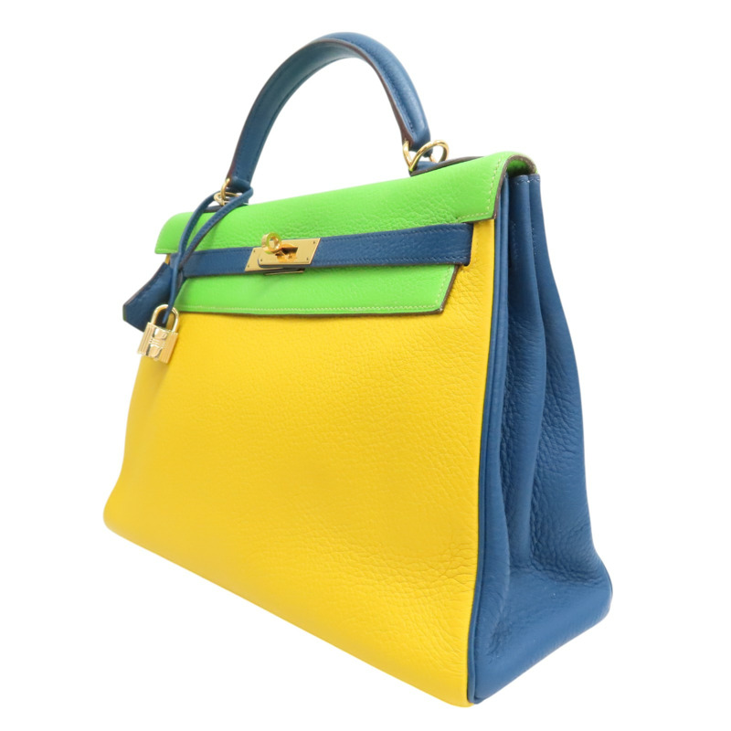 黃/綠/藍色 TC牛皮 Kelly 32 Tricolor 手提包 (沒有背帶) □G刻【HERMES 愛馬仕】-2