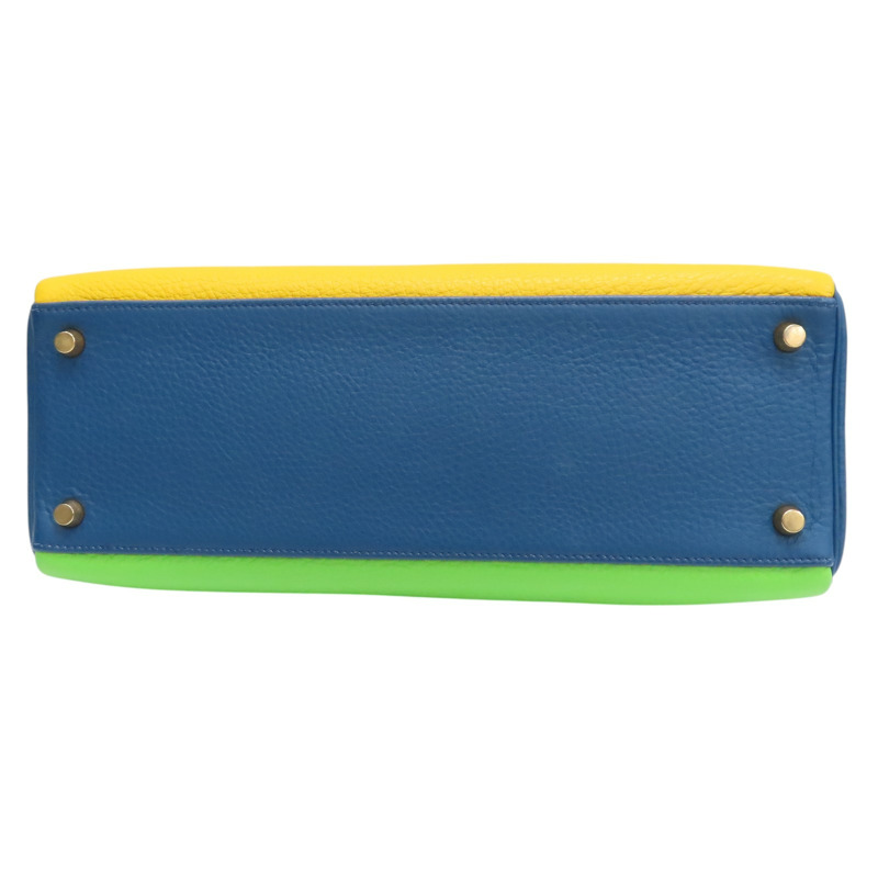 黃/綠/藍色 TC牛皮 Kelly 32 Tricolor 手提包 (沒有背帶) □G刻【HERMES 愛馬仕】-3