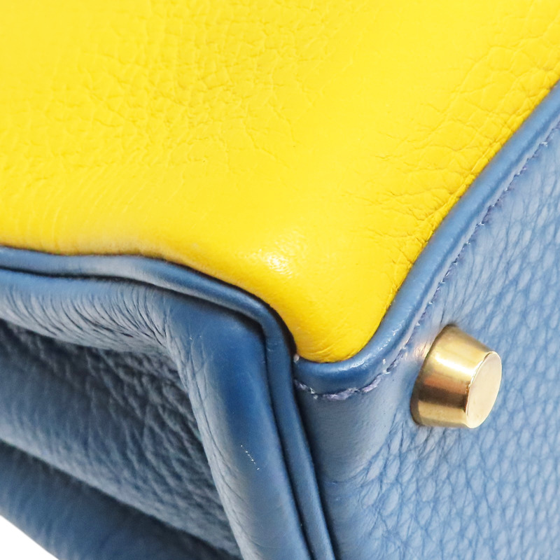 黃/綠/藍色 TC牛皮 Kelly 32 Tricolor 手提包 (沒有背帶) □G刻【HERMES 愛馬仕】-9
