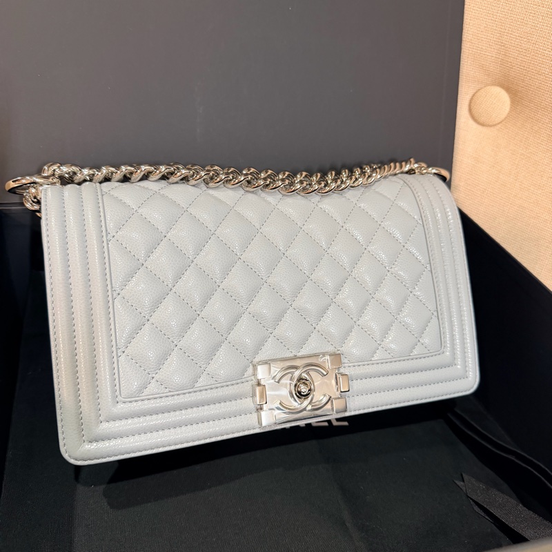 Chanel boy25 中號 灰色 芯片款-7