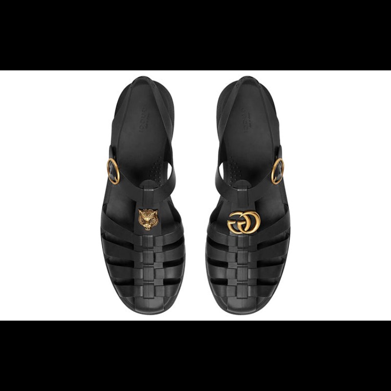 GUCCI 古馳 橡膠金色扣帶涼鞋 黑色 UK7-2