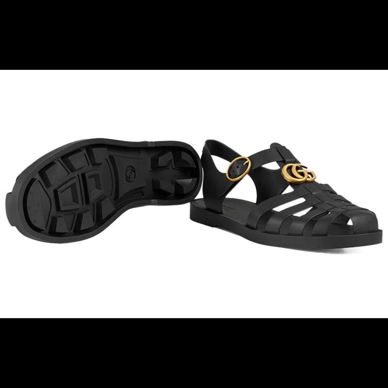 GUCCI 古馳 橡膠金色扣帶涼鞋 黑色 UK7-4