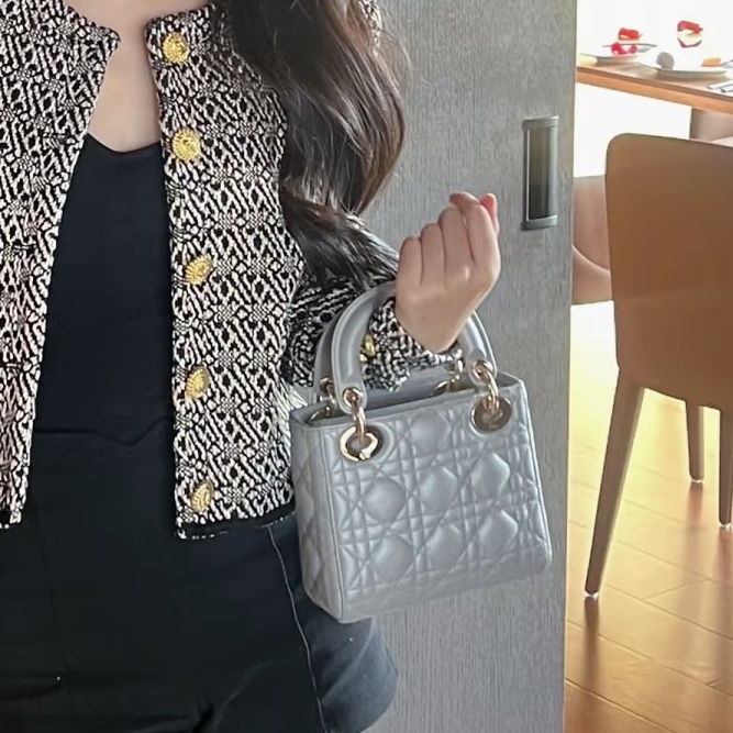 仙氣天花板💎99新🆕Dior迪奧珠光灰金扣三格戴妃包手提包-1