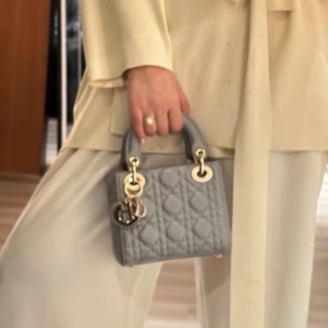 仙氣天花板💎99新🆕Dior迪奧珠光灰金扣三格戴妃包手提包-4