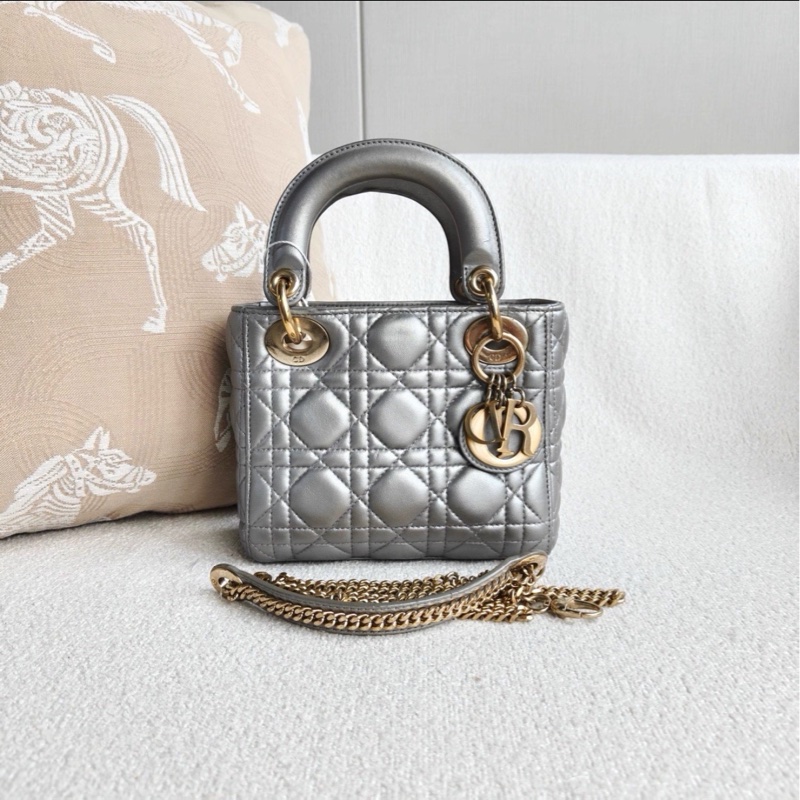 仙氣天花板💎99新🆕Dior迪奧珠光灰金扣三格戴妃包手提包-6