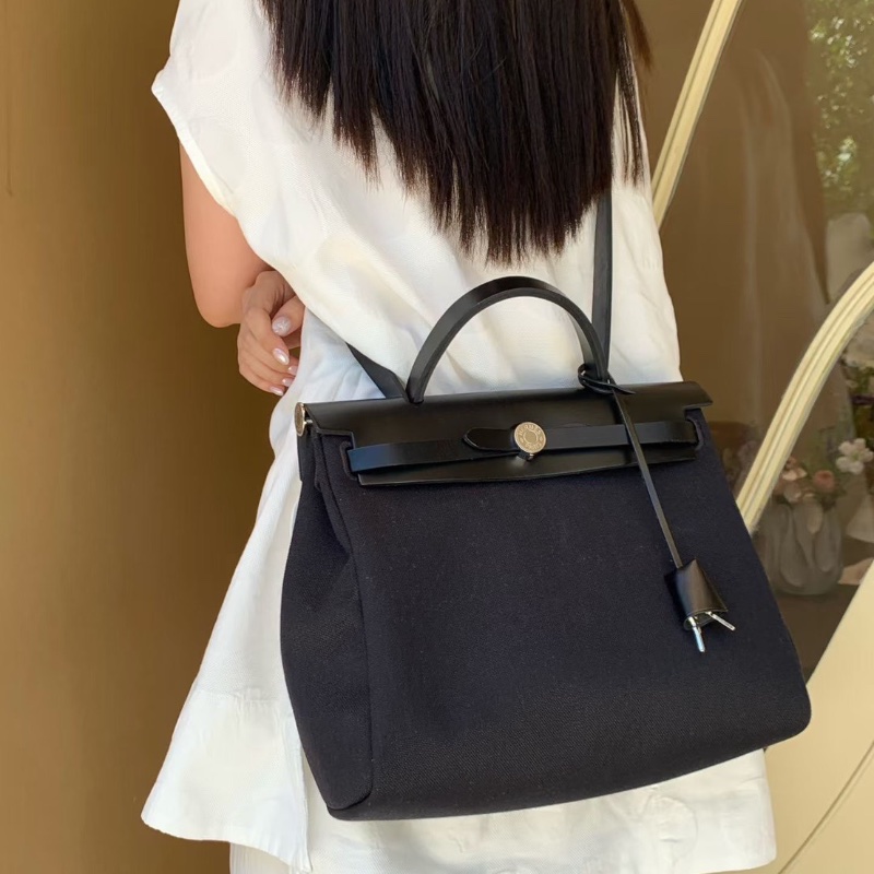 Hermes Herbag31 黑銀 帆布拼皮31*24*9 98新鑰匙*2 鎖塵袋-0