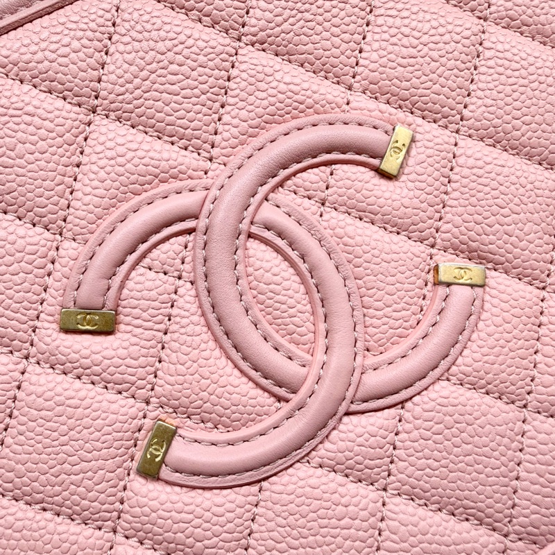 CHANEL粉色荔枝皮金釦大雙C LOGO VANITY CASE化妝箱包A93343-12