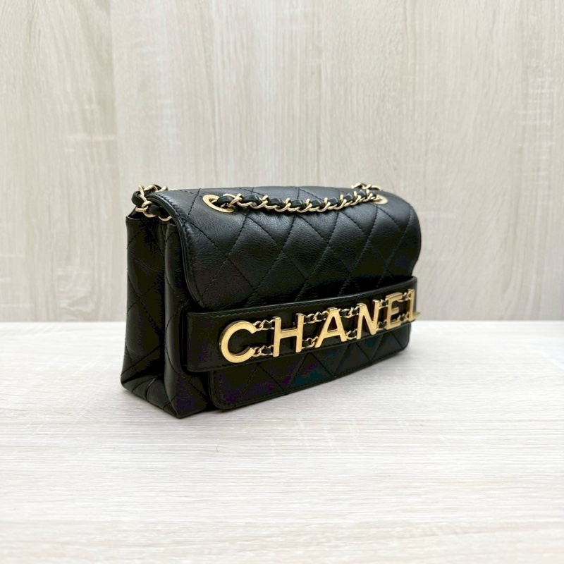 CHANEL黑色牛皮字母LOGO金釦側背包/AS1490-3